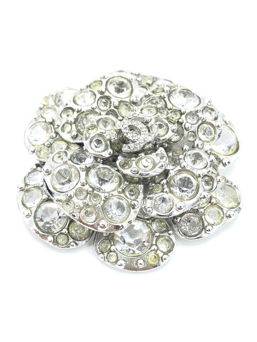 Chanel Silver Crystal Camellia Flower Brooch