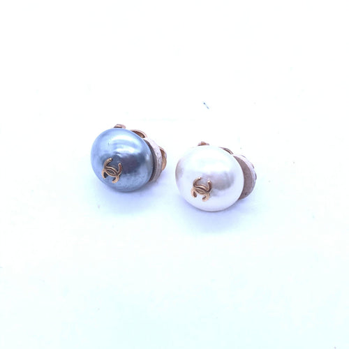 Chanel Gray And White Pearl Stud Earrings