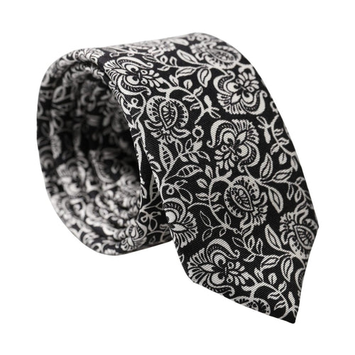 Dolce & Gabbana Black White Floral Fantasy Silk Adjustable Necktie Tie