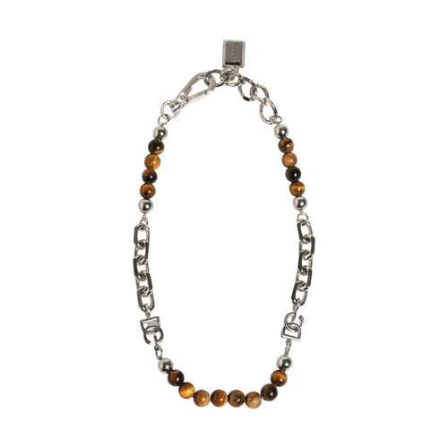 Dolce & Gabbana Silver Tone Brass Chain Beaded Gem DG Logo Bracelet