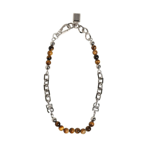 Dolce & Gabbana Silver Tone Brass Chain Beaded Gem DG Logo Bracelet