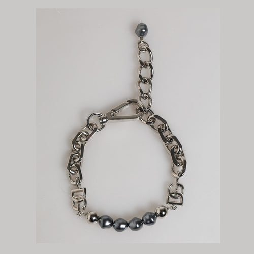 Dolce & Gabbana Silver Tone Chain Lobster Clasp Logo Gray Pearls Bracelet