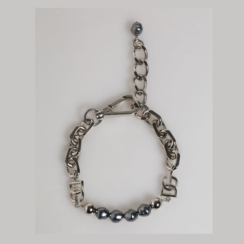 Dolce & Gabbana Silver Tone Chain Lobster Clasp Logo Gray Pearls Bracelet