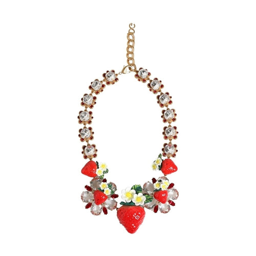 Dolce & Gabbana Gold Brass FRUIT Pendants Flowers Crystal Logo Necklace