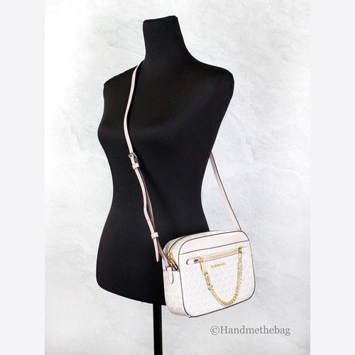 Michael Kors Adult Saffiano Leather Chain Zip Crossbody Handbag, Vanilla/Powder Blush