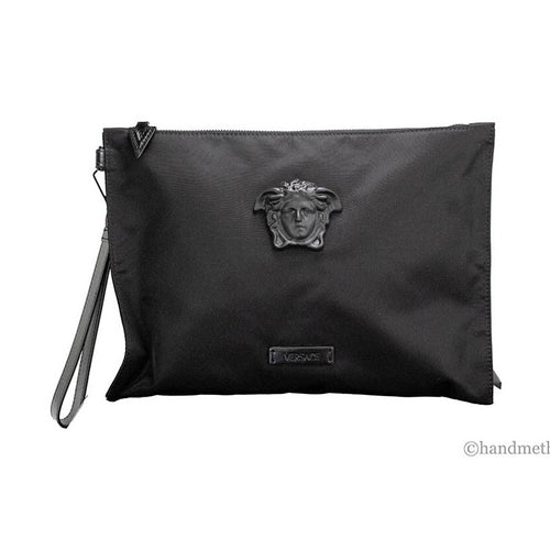 Versace Large Black Nylon Fabric Medusa Convertible Pouch Clutch Wristlet Bag