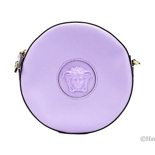 Versace Round Disco Lilac Pebbled Leather Camera Case Crossbody Bag Purse