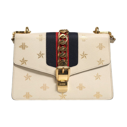 Gucci Cream Leather with a Bee and Star Print Leather Sylvie Crossbody Bag