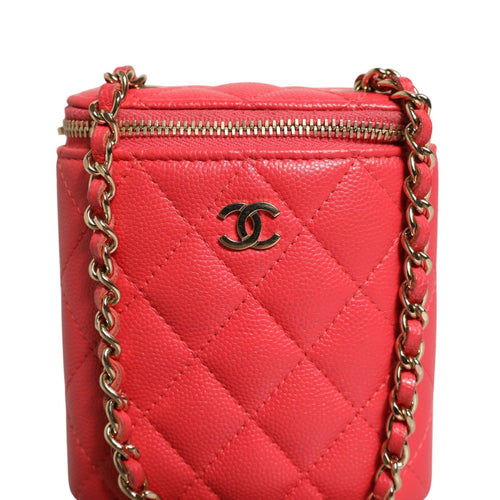 Chanel Red Caviar Quilted Small Vertical Coco Beauty Vanity Case with Chain