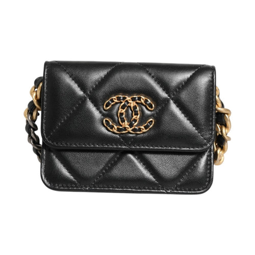 Chanel 19 Flap Coin Purse Quilted Leather Black Crossbody