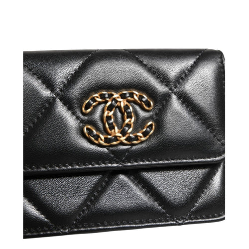 Chanel 19 Flap Coin Purse Quilted Leather Black Crossbody