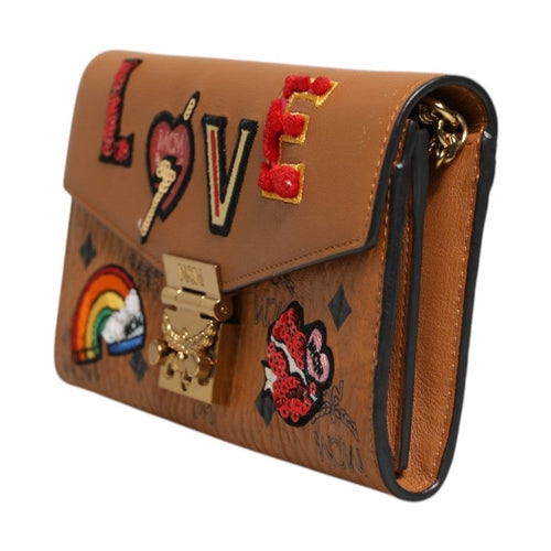 MCM Cognac Brown Coated Canvas Visetos Patricia Love Patch Wallet-on-chain
