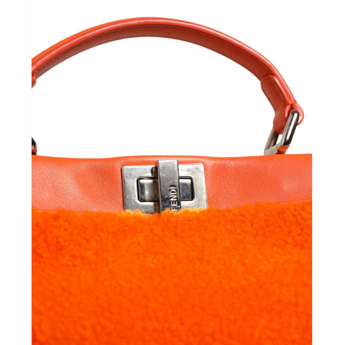 Fendi Orange Leather and Shearling Mini Peekaboo Top Handle Bag