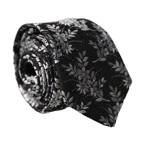 Dolce & Gabbana Black White Floral Silk Adjustable Men Tied Necktie Tie