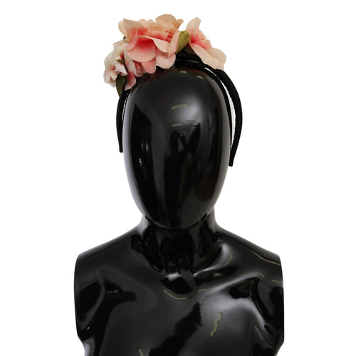 Dolce & Gabbana Pink Silk Black Floral Headband Logo Diadem