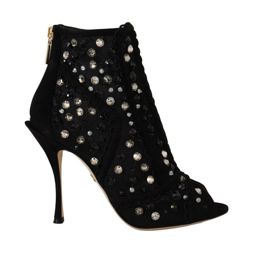 Dolce & Gabbana Black Crystals Heels Zipper Short Boots Shoes