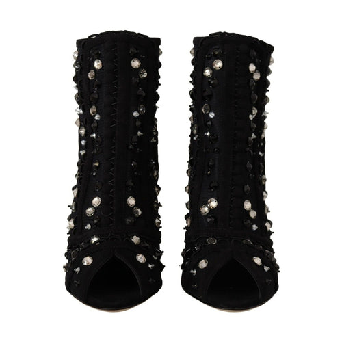 Dolce & Gabbana Black Crystals Heels Zipper Short Boots Shoes