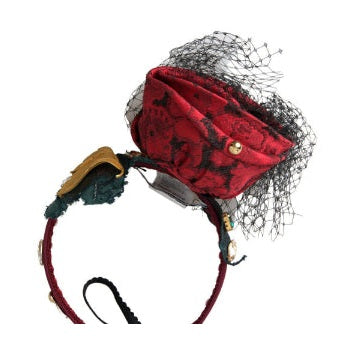 Dolce & Gabbana Red with multicolor Rose Silk Crystal Netted Logo Diadem Headband
