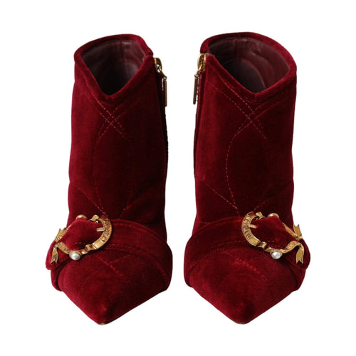 Dolce & Gabbana Dark Red Velvet Devotion Buckle Boots Shoes