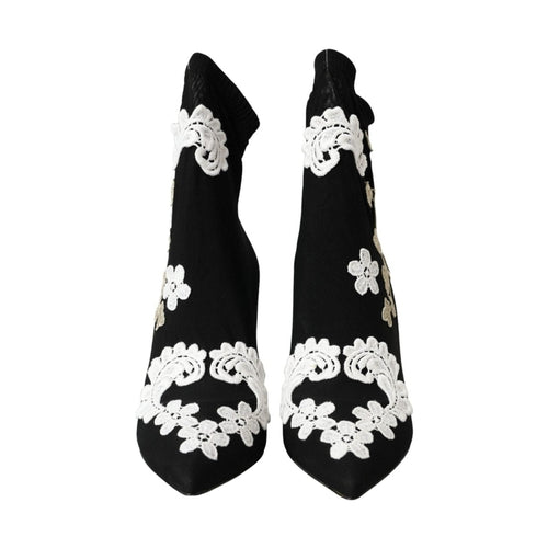 Dolce & Gabbana Black White Embroidery Slip On Boots Shoes