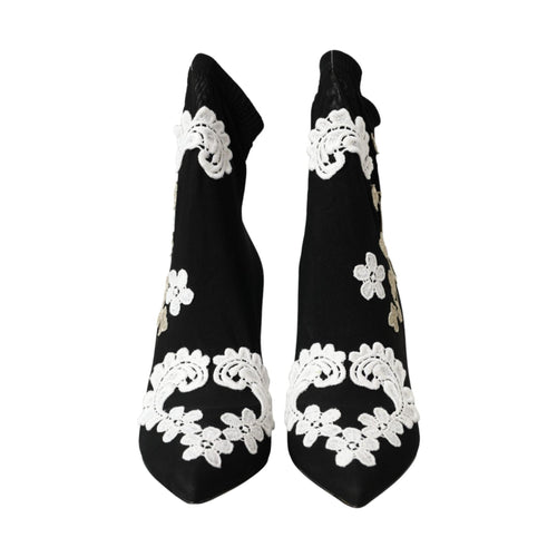 Dolce & Gabbana Black White Embroidery Slip On Boots Shoes