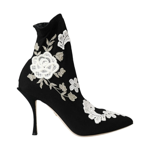 Dolce & Gabbana Black White Embroidery Slip On Boots Shoes