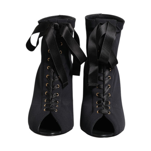 Dolce & Gabbana Black Stiletto Heels Lace Up Boots Shoes