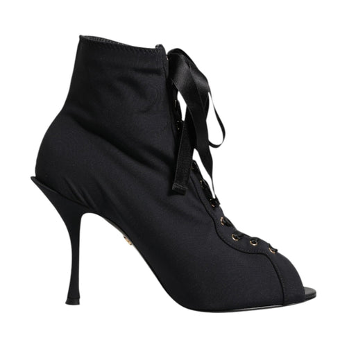 Dolce & Gabbana Black Stiletto Heels Lace Up Boots Shoes