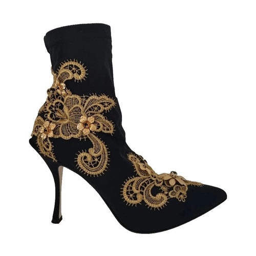 Dolce & Gabbana Black Gold Embroidery Crystal Boots Shoes