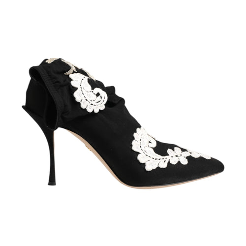 Dolce & Gabbana Black White Embroidered Jersey Stiletto Boots Shoes