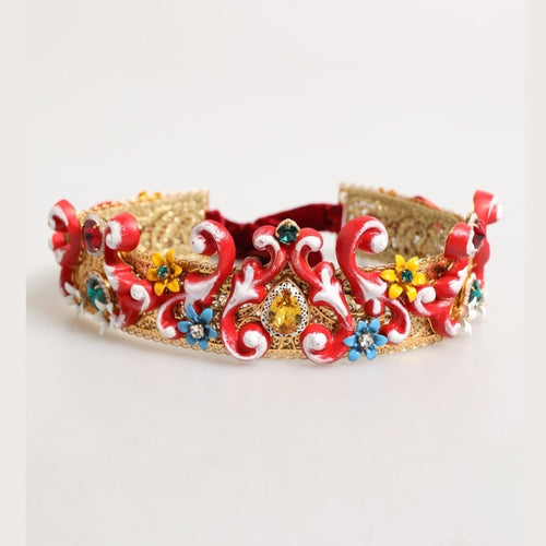 Dolce & Gabbana Red Carretto Multicolor Crystal Gold Tiara Crow Headband