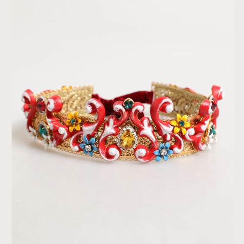 Dolce & Gabbana Red Carretto Multicolor Crystal Gold Tiara Crow Headband