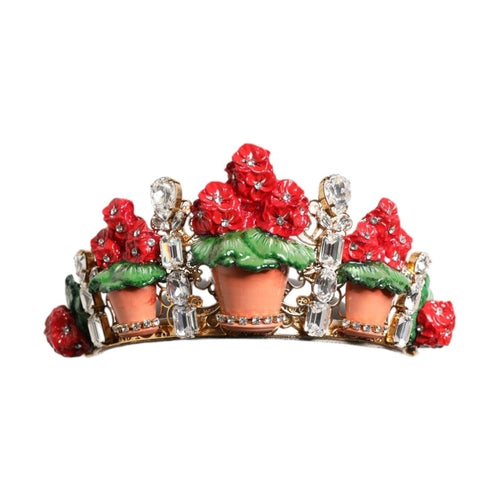 Dolce & Gabbana Red Floral Flowerpot Crystal Gold Crown Tiara Headband
