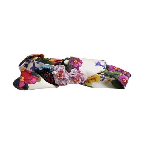 Dolce & Gabbana White Multicolor Floral Silk Bow Crystal Embellished Headband