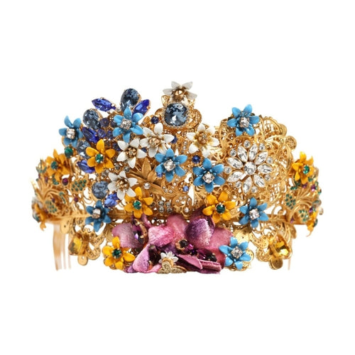 Dolce & Gabbana Gold Brass Crystal Floral Hortensia Crown Headband Tiara