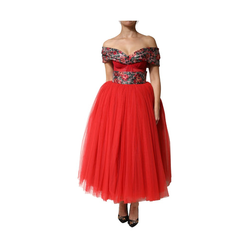 Dolce & Gabbana Red Floral Off Shoulder A-line Gown Dress