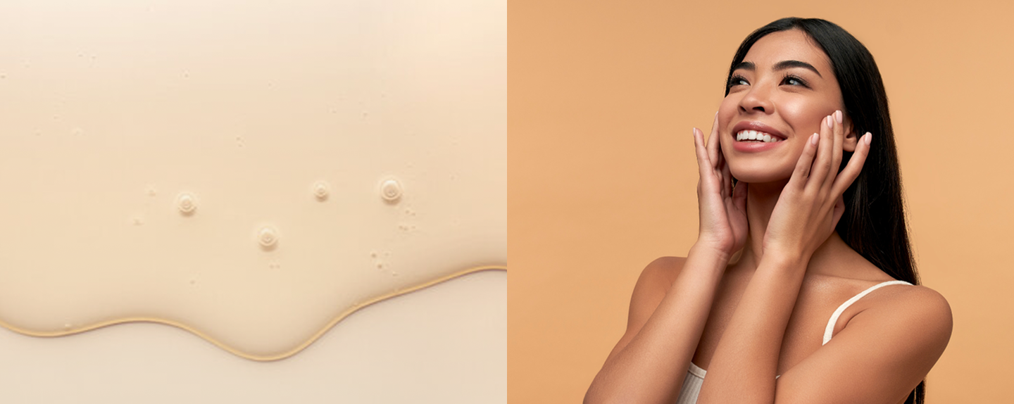 Beige skincare serum with bubbles and a smiling woman with radiant, healthy skin.