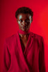 Portrait of a dark-skinned woman in a red blazer and scarf, against a red background.
