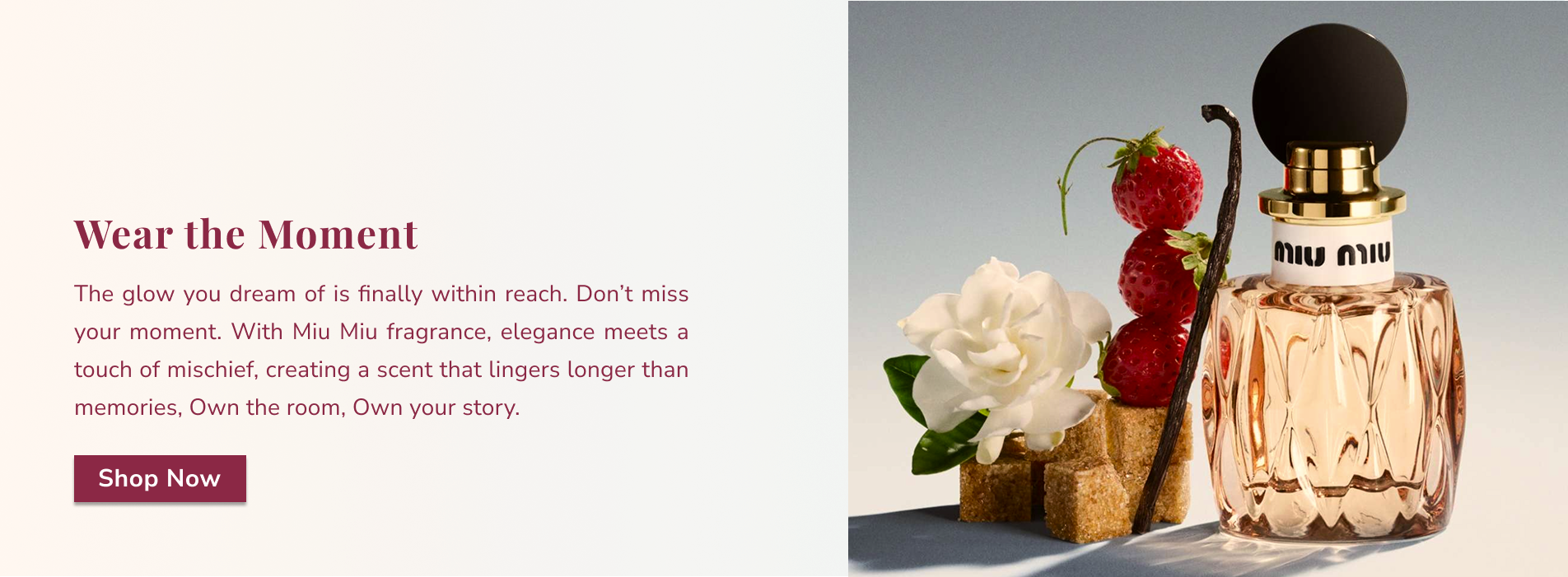 Eau de Parfum bottle with flowers and text on a gradient background