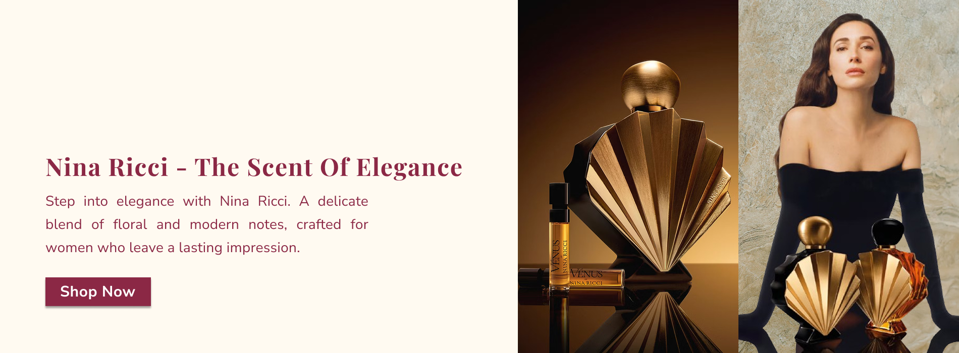 Advertisement for Nina Ricci perfume with a gold bottle and a woman in a black dress.