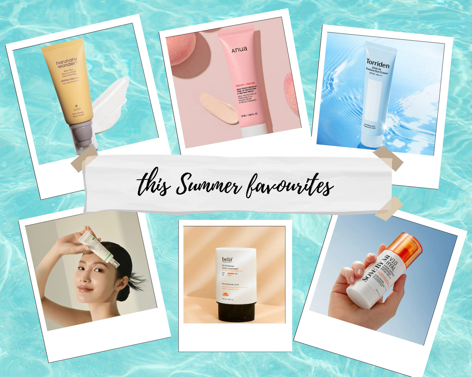 Collage of six popular K-beauty sunscreens for summer: Haruharu Wonder, Anua, Torriden, Belif, Some By Mi.