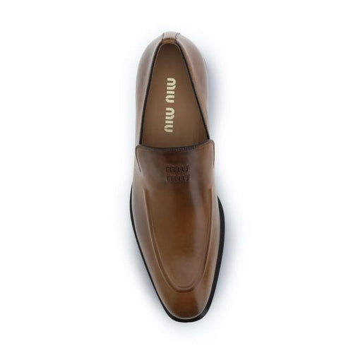 Miu Miu Brown Calf Leather Bos Taurus Slip-On Loafers