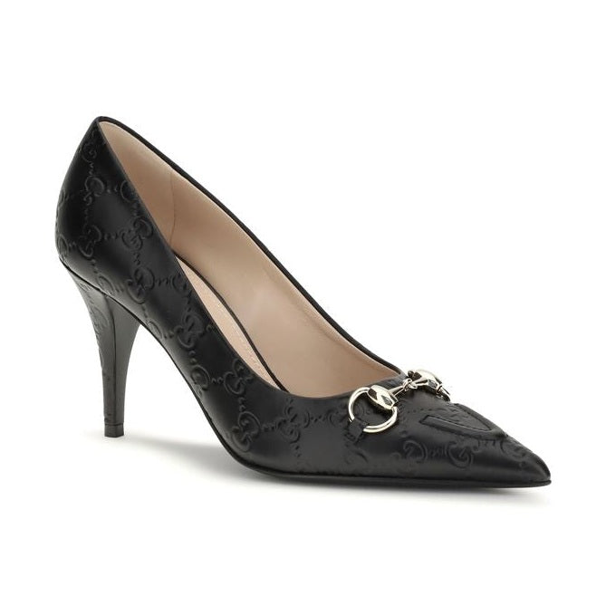 Gucci Black Calf Leather Bos Taurus Mid Heel Pumps