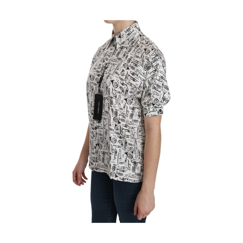 Dolce & Gabbana White Musical Instrument Collared Blouse  Shirt