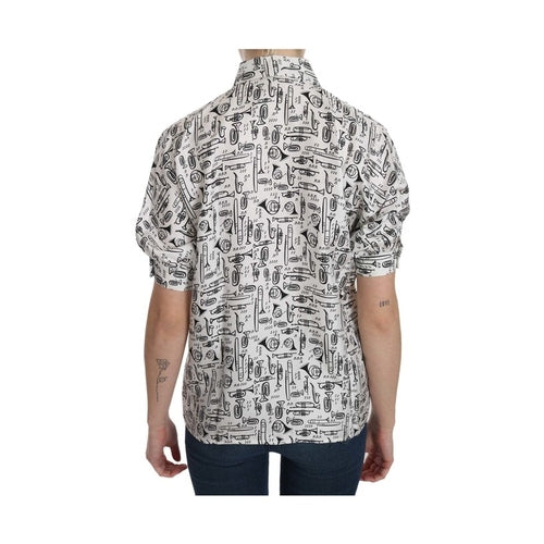 Dolce & Gabbana White Musical Instrument Collared Blouse  Shirt