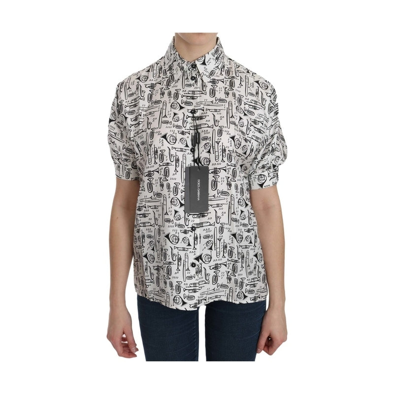 Dolce & Gabbana White Musical Instrument Collared Blouse  Shirt