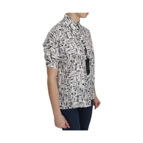 Dolce & Gabbana White Musical Instrument Collared Blouse  Shirt