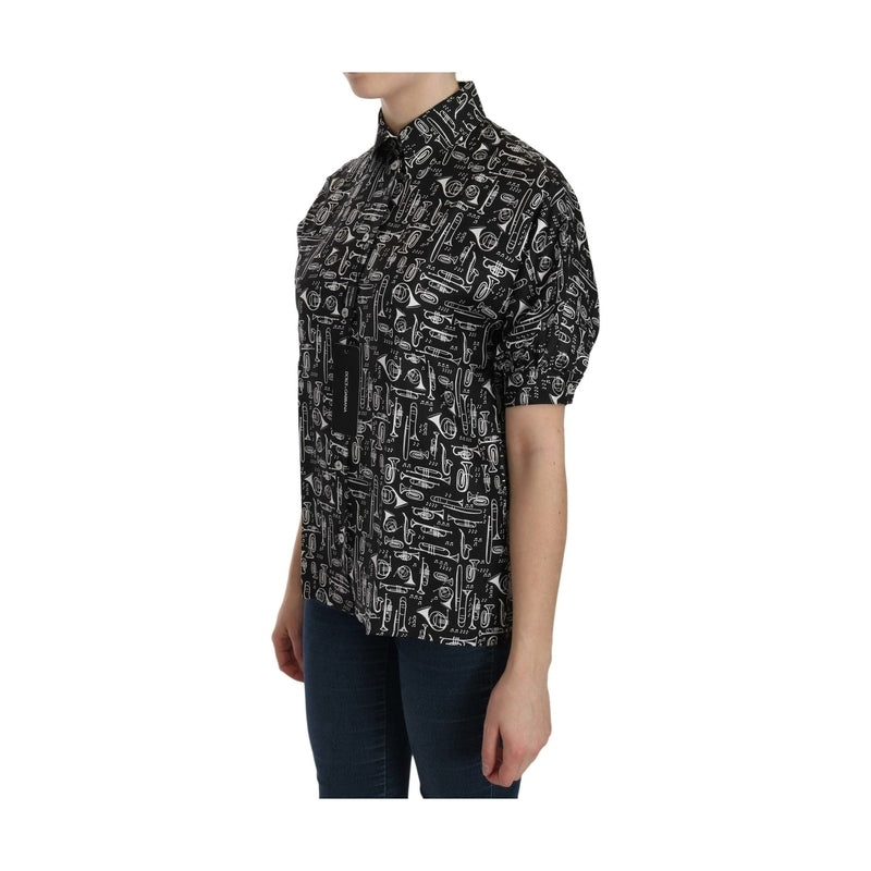 Dolce & Gabbana Black Musical Instrument Collared Blouse Shirt