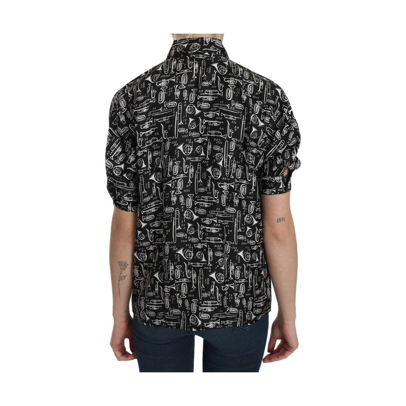 Dolce & Gabbana Black Musical Instrument Collared Blouse Shirt