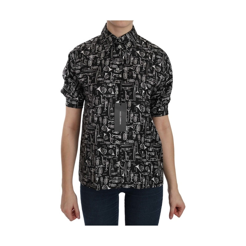 Dolce & Gabbana Black Musical Instrument Collared Blouse Shirt